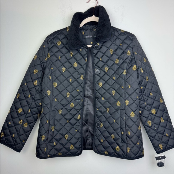 Lauren Ralph Lauren Sherpa Collar Black Diamond Quilted Jacket Size Pet Medium - Picture 3 of 11